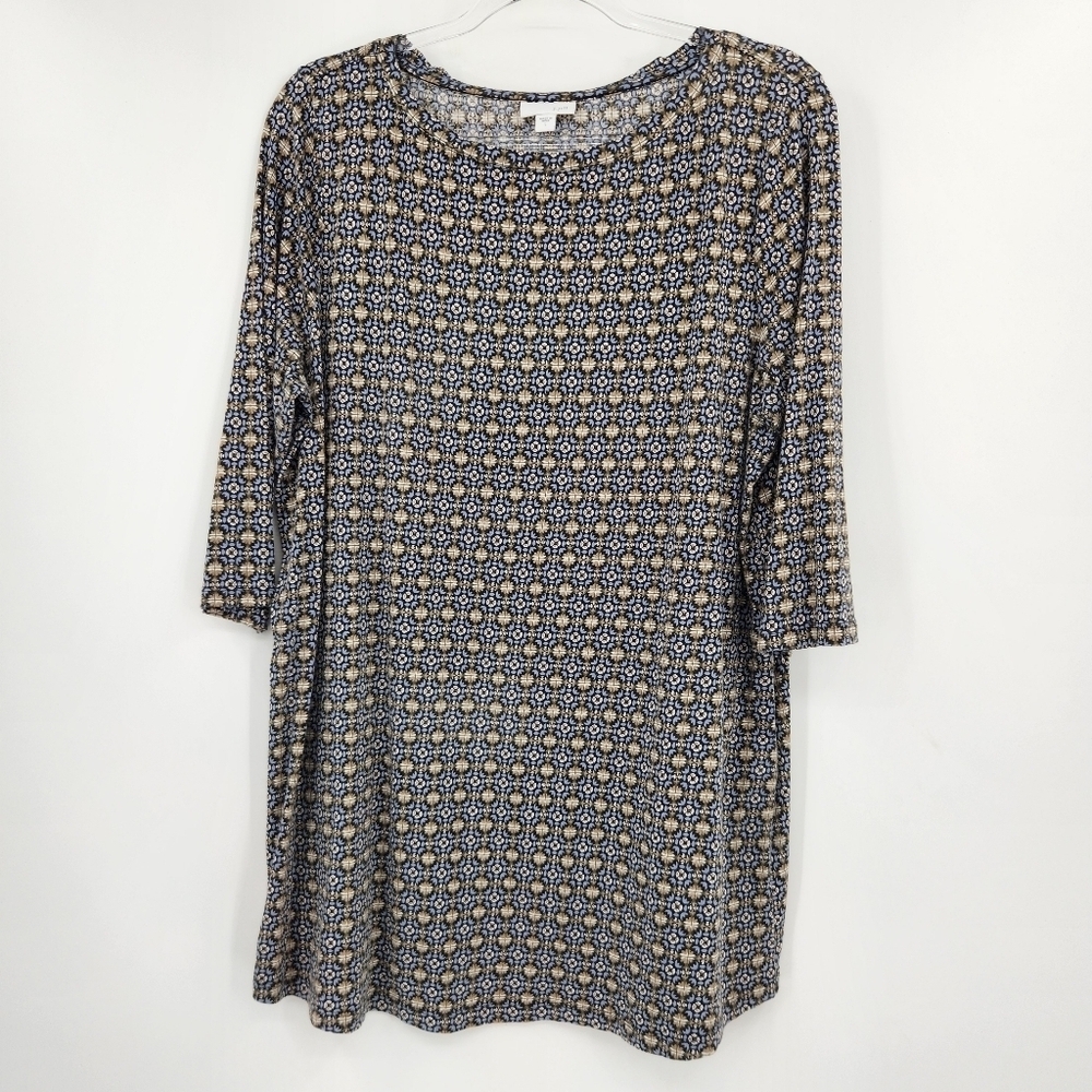 J. Jill Printed Long Sleeve Tunic Top Tee Womens Size Large Black Blue Tan